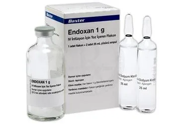 ENDOXAN 1G IV INFUZYONLUK COZELTI HAZIRLAMAK ICIN TOZ kutu fotoğrafı. Siklofosfamid içeren çözelti. Üretici: BAXTER TURKEY RENAL HİZMETLER ANONİM ŞİRKETİ.