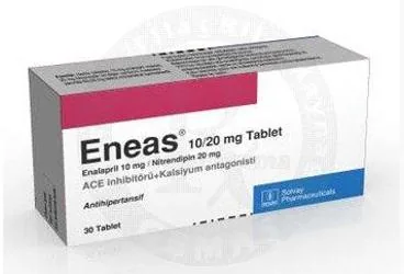 ENEAS 10/20 MG 30 TABLET (enalapril + nitrendipin) ürün ambalajı, tablet. Üretici: INNOGENS İLAÇ SANAYİ VE TİCARET A.Ş.