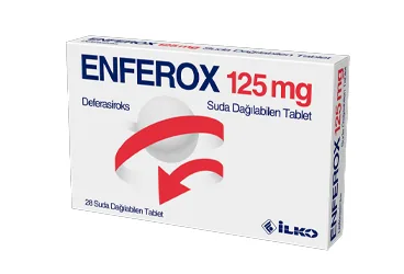 ENFEROX 125 MG SUDA DAGILABILEN TABLET (28 TABLET) ambalajı. Deferasiroks içeren tablet. Üretici: İLKO İLAÇ SAN. VE TİC. A.Ş.