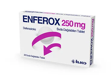 Deferasiroks içeren tablet: ENFEROX 250 MG SUDA DAGILABILEN TABLET (28 TABLET) kutu fotoğrafı. Üretici: İLKO İLAÇ SAN. VE TİC. A.Ş.