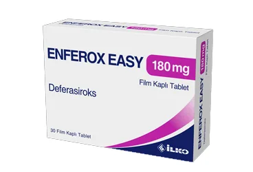 Deferasiroks içeren film kaplı tablet: ENFEROX EASY 180 MG FILM KAPLI TABLET (30 FILM KAPLI TABLET) ambalajı. Üretici: İLKO İLAÇ SAN. VE TİC. A.Ş.