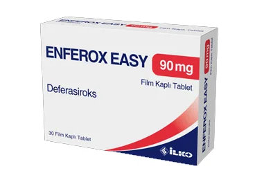 Deferasiroks içeren film kaplı tablet: ENFEROX EASY 90 MG FILM KAPLI TABLET (30 FILM KAPLI TABLET) kutusu. Üretici: İLKO İLAÇ SAN. VE TİC. A.Ş.