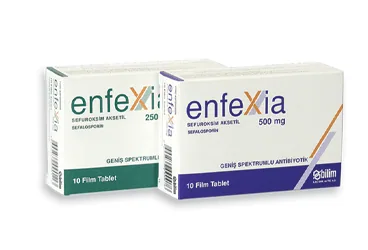 Sefuroksim içeren tablet: ENFEXIA 500 MG 10 TABLET ambalajı. Üretici: BİLİM İLAÇ SANAYİİ VE TİCARET A.Ş.