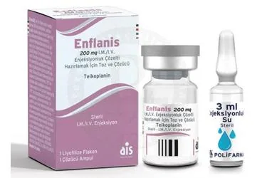 Teikoplanin içeren çözelti: ENFLANIS 200 MG IM/IV ENJEKSIYONLUK COZELTI HAZIRLAMAK ICIN TOZ VE COZUCU (1 FLAKON+1 COZUCU AMPUL) ürün ambalajı. Üretici: AROMA İLAÇ SAN.LTD.ŞTİ.