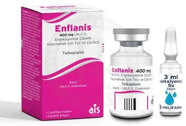 Teikoplanin içeren çözelti: ENFLANIS 400 MG IM/IV ENJEKSIYONLUK COZELTI HAZIRLAMAK ICIN TOZ VE COZUCU (1 FLAKON+1 COZUCU AMPUL) kutu fotoğrafı. Üretici: AROMA İLAÇ SAN.LTD.ŞTİ.
