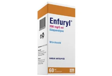 ENFURYL 200MG/5ML SUSPANSIYON (60ML) ambalajı. Nifuroksazid içeren süspansiyon. Üretici: BİOFARMA İLAÇ SANAYİ VE TİCARET A.Ş.