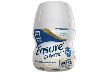 ENSURE COMPACT VANILYA AROMALI 4x125 ML ürün ambalajı. Etkin maddesi protein+karbonhidrat+yag+vit+mineral. Üretici: ABBOTT LABORATUARLARI İTHALAT İHRACAT VE TİCARET LİMİTED ŞİRKETİ.