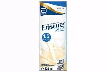 ENSURE PLUS VANILYA AROMALI 220 ML ambalajı. Etkin maddesi beslenme solusyonu. Üretici: ABBOTT LABORATUARLARI İTHALAT İHRACAT VE TİCARET LİMİTED ŞİRKETİ.