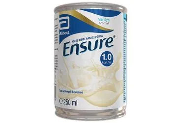 Beslenme solusyonu içeren ENSURE VANILYA AROMALI 250 ML ürün ambalajı. Üretici: ABBOTT LABORATUARLARI İTHALAT İHRACAT VE TİCARET LİMİTED ŞİRKETİ.