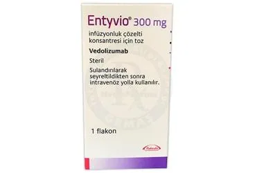 ENTYVIO 300 MG INFUZYONLUK COZELTI KONSANTRESI ICIN TOZ (1 FLAKON) ambalajı. Vedolizumab içeren çözelti. Üretici: TAKEDA İLAÇ SAĞLIK SANAYİ TİCARET LTD.ŞTİ.