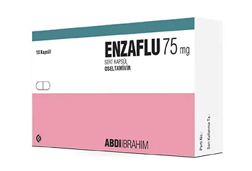 Oseltamivir fosfat içeren kapsül: ENZAFLU 75 MG SERT KAPSUL (10 KAPSUL) kutusu. Üretici: ABDİ İBRAHİM İLAÇ SANAYİ VE TİCARET A.Ş.