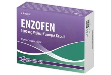 ENZOFEN 1000 MG VAJINAL YUMUSAK KAPSUL (2 KAPSUL) kutusu, yumuşak kapsül formunda fentikonazol nitrat içerir. Üretici: WORLD MEDICINE İLAÇ SAN. VE TİC. A.Ş.