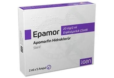 EPAMOR 20 MG/2 ML ENJEKSIYONLUK COZELTI (5 AMPUL) ambalajı. Apomorfin hcl içeren çözelti. Üretici: GEN İLAÇ VE SAĞLIK ÜRÜNLERİ SAN.VE TİC. A.Ş.