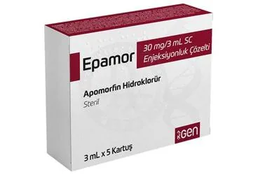 EPAMOR 30 MG/3ML ENJEKSİYONLUK ÇÖZELTİ (5 KARTUŞ) ürün ambalajı. Apomorfin hcl içeren çözelti. Üretici: GEN İLAÇ VE SAĞLIK ÜRÜNLERİ SAN.VE TİC. A.Ş.