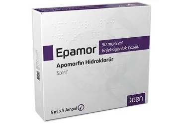 EPAMOR 50 MG/5 ML ENJEKSIYONLUK COZELTI (5 AMPUL) kutusu. Apomorfin hcl içeren çözelti. Üretici: GEN İLAÇ VE SAĞLIK ÜRÜNLERİ SAN.VE TİC. A.Ş.