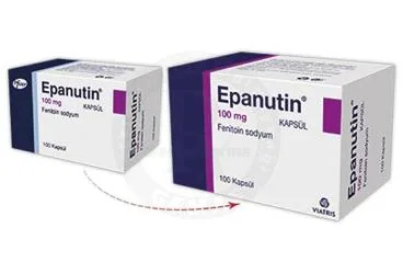 Fenitoin sodyum içeren kapsül: EPANUTIN 100 MG 100 KAPSUL kutusu. Üretici: VİATRİS İLAÇLARI LİMİTED ŞİRKETİ.