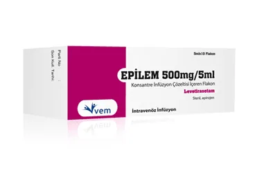 Levetirasetam içeren flakon: EPILEM 500 MG/5 ML KONSANTRE INF. COZ. ICEREN 10 FLAKON kutusu. Üretici: VEM İLAÇ SAN. VE TİC. ANONİM ŞİRKETİ.