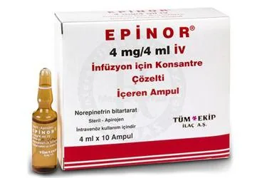 EPINOR 4 MG/4 ML IV INFUZYON ICIN KONSANTRE COZELTI ICEREN 10 AMPUL ürün ambalajı. Noradrenalin içeren çözelti. Üretici: TÜM - EKİP İLAÇ A.Ş.