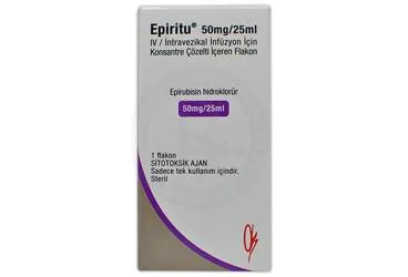 EPIRITU 50 MG/25 ML IV INTRAVEZIKAL INFUZYON ICIN KONSANTRE COZELTI ICEREN 1 FLAKON ürün ambalajı. Epirubisin hidroklorür içeren çözelti. Üretici: ONKO İLAÇ SANAYİ VE TİCARET ANONİM ŞİRKETİ.