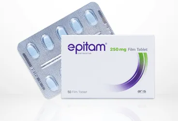 EPITAM 250 MG 100 FILM TABLET (levetirasetam) ürün ambalajı, film kaplı tablet. Üretici: ALİ RAİF İLAÇ SANAYİ A.Ş.
