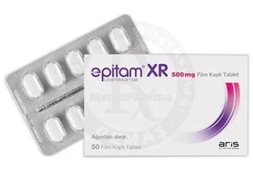 EPITAM XR 500 MG 50 FILM KAPLI TABLET kutu fotoğrafı, film kaplı tablet formunda levetirasetam içerir. Üretici: ALİ RAİF İLAÇ SANAYİ A.Ş.