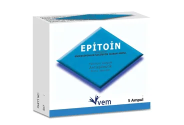 Fenitoin sodyum içeren çözelti: EPITOIN 250 MG/5 ML IM/IV ENJEKSIYONLUK COZELTI ICEREN AMPUL kutusu. Üretici: VEM İLAÇ SAN. VE TİC. ANONİM ŞİRKETİ.