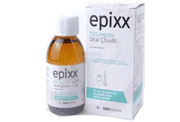 Levetirasetam içeren çözelti: EPIXX 100 MG/ML ORAL COZELTI 150 ML + 3ML ENJEKTOR ambalajı. Üretici: ABDİ İBRAHİM İLAÇ SANAYİ VE TİCARET A.Ş.
