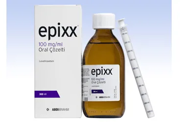 Levetirasetam içeren solüsyon: EPIXX 100 MG/ML ORAL SOLUSYON 300 ML ambalajı. Üretici: ABDİ İBRAHİM İLAÇ SANAYİ VE TİCARET A.Ş.