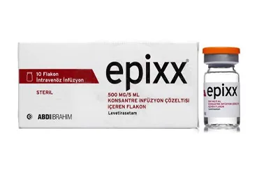 EPIXX 500 MG/ 5 ML KONSANTRE INF.COZ. ICEREN 10 FLAKON (levetirasetam) ambalajı, flakon. Üretici: ABDİ İBRAHİM İLAÇ SANAYİ VE TİCARET A.Ş.