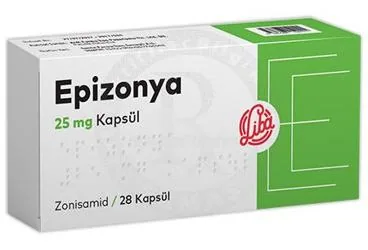 EPIZONYA 25 MG KAPSUL (28 KAPSUL) kutusu. Zonisamid içeren kapsül. Üretici: LİBA LABORATUARLARI A.Ş.