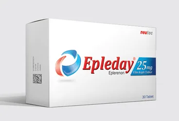EPLEDAY 25 MG 100 FILM TABLET kutusu, film kaplı tablet formunda eplerenon içerir. Üretici: NEUTEC İLAÇ SAN. TİC. A.Ş.