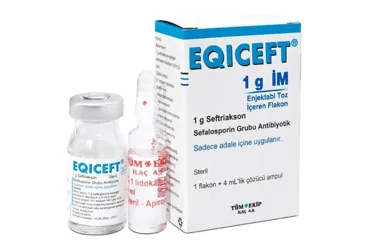 EQICEFT- IM 1000 MG 1 FLAKON kutu fotoğrafı, flakon formunda seftriakson içerir. Üretici: TÜM - EKİP İLAÇ A.Ş.