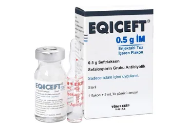 Seftriakson içeren flakon: EQICEFT- IM 500 MG 1 FLAKON kutusu. Üretici: TÜM - EKİP İLAÇ A.Ş.