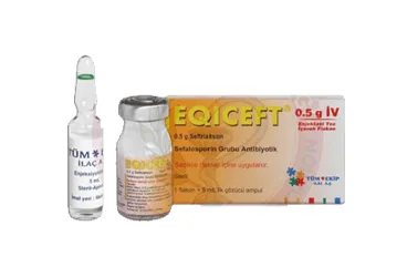 Seftriakson içeren flakon: EQICEFT- IV 500 MG 1 FLAKON ürün ambalajı. Üretici: TÜM - EKİP İLAÇ A.Ş.