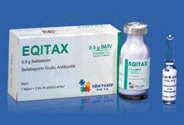 Sefotaksim sodyum içeren flakon: EQITAX 0,5 GR IM/IV ENJ.TOZ İÇEREN 1 FLAKON kutu fotoğrafı. Üretici: TÜM - EKİP İLAÇ A.Ş.