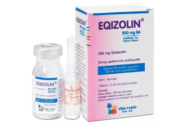 EQIZOLIN- IM 500 MG 1 FLAKON kutu fotoğrafı. Sefazolin sodyum içeren flakon. Üretici: TÜM - EKİP İLAÇ A.Ş.