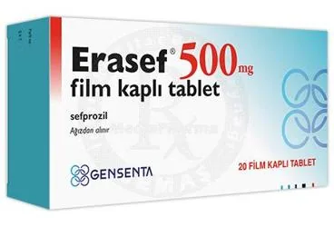 ERASEF 500 MG FILM KAPLI TABLET (20 TABLET) (sefprozil) kutusu, film kaplı tablet. Üretici: İNTRALİNE İLAÇ SAĞLIK HİZMETLERİ İTHALAT İHRACAT SANAYİ VE TİCARET ANONİM ŞİRKETİ.