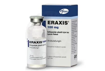 Anidulafungin içeren flakon: ERAXIS 100 MG INF. COZ. ICIN TOZ ICEREN 1 FLAKON VE COZUCU ambalajı. Üretici: PFİZER PFE İLAÇLARI ANONİM ŞİRKETİ.