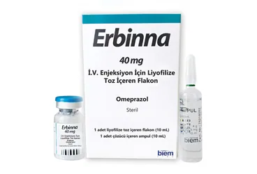Omeprazol içeren flakon: ERBINNA 40 MG IV ENJEKSIYON ICIN LIYOFILIZE TOZ ICEREN FLAKON ürün ambalajı. Üretici: BİEM İLAÇ SAN. VE TİC. A.Ş.