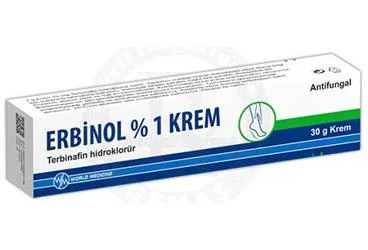 ERBINOL %1 KREM (30 GRAM) ambalajı, krem formunda terbinafin -topikal içerir. Üretici: WORLD MEDICINE İLAÇ SAN. VE TİC. A.Ş.