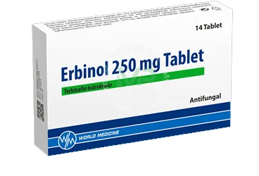 Terbinafin içeren tablet: ERBINOL 250 MG TABLET (14 TABLET) kutusu. Üretici: WORLD MEDICINE İLAÇ SAN. VE TİC. A.Ş.