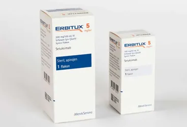 ERBITUX 100 MG/20 ML IV INFUZYONLUK COZELTI kutusu. Setuksimab içeren çözelti. Üretici: MERCK İLAÇ ECZA VE KİMYA TİC. A.Ş.