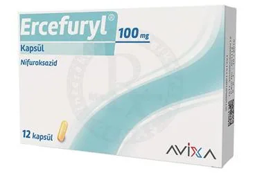 Nifuroksazid içeren kapsül: ERCEFURYL 100 MG KAPSUL (12 KAPSUL) ürün ambalajı. Üretici: AVİXA İLAÇ SANAYİ VE TİCARET ANONİM ŞİRKETİ.