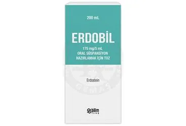 ERDOBIL 175 MG/5 ML ORAL SUSPANSIYON HAZIRLAMAK ICIN TOZ (200 ML) ürün ambalajı, oral süspansiyon formunda erdostein içerir. Üretici: BİLİM İLAÇ SANAYİİ VE TİCARET A.Ş.