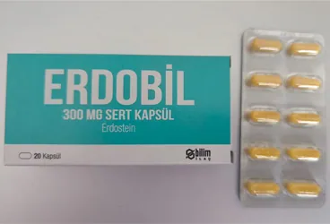 ERDOBIL 300 MG SERT KAPSUL (20 KAPSUL) kutu fotoğrafı, kapsül formunda erdostein içerir. Üretici: BİLİM İLAÇ SANAYİİ VE TİCARET A.Ş.