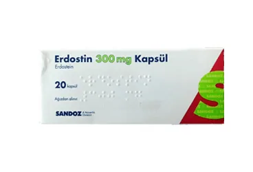 ERDOSTIN 300 MG 20 KAPSÜL kutusu. Erdostein içeren kapsül. Üretici: SANDOZ İLAÇ SANAYİ VE TİCARET A.Ş.