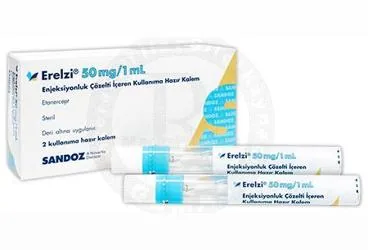 Etanercept içeren çözelti: ERELZI 50 MG/1 ML ENJEKSIYONLUK COZELTI ICEREN KULLANIMA HAZIR KALEM ürün ambalajı. Üretici: SANDOZ İLAÇ SANAYİ VE TİCARET A.Ş.