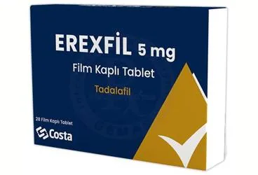 Tadalafil içeren film kaplı tablet: EREXFIL 5 MG FILM KAPLI TABLET (28 ADET) kutu fotoğrafı. Üretici: COSTA SAĞLIK SPOR HİZMETLERİ TİCARET LİMİTED ŞİRKETİ.