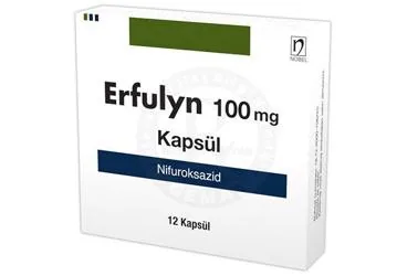 ERFULYN 100 MG KAPSUL (12 ADET) kutu fotoğrafı. Nifuroksazid içeren kapsül. Üretici: NOBEL İLAÇ SAN. VE TİC. A.Ş.