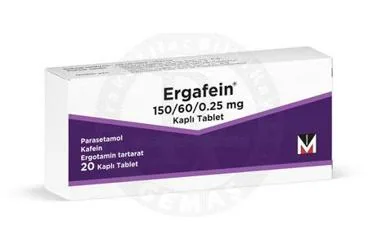 ERGAFEIN 150/60/0,25 MG KAPLI TABLET (20 DRAJE) ürün ambalajı. Ergotamin + içeren tablet. Üretici: MENARİNİ SAĞLIK VE İLAÇ SANAYİ TİCARET ANONİM ŞİRKETİ.